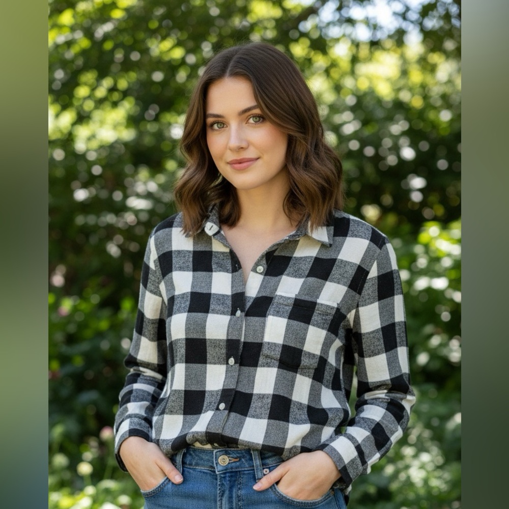 Lucky Brand Black and White Plaid Button Down Shirt
